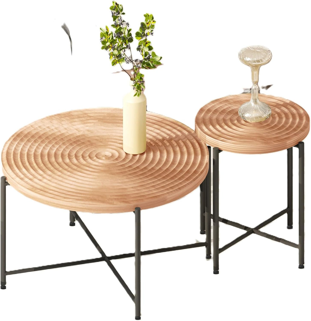 Coffee Table Set, End Table, MDF Living Room Tables with PVC Cover, Cylindrical Design, Black Metal Legs, Red Cedar-Brown, 2-Piece