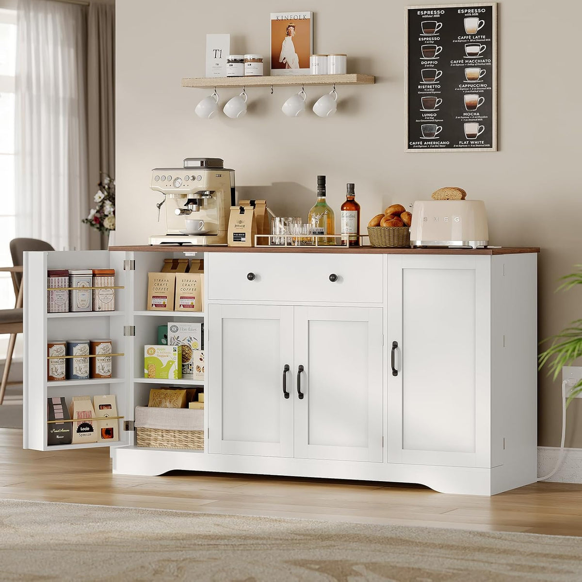Brinlawb Buffet Cabinet with Storage & Charging Station, 53" Farmhouse Coffee Cabinet with Compartment Drawer, Sideboard Cabinets with Door and Adjustable Shelves for Kitchen, White