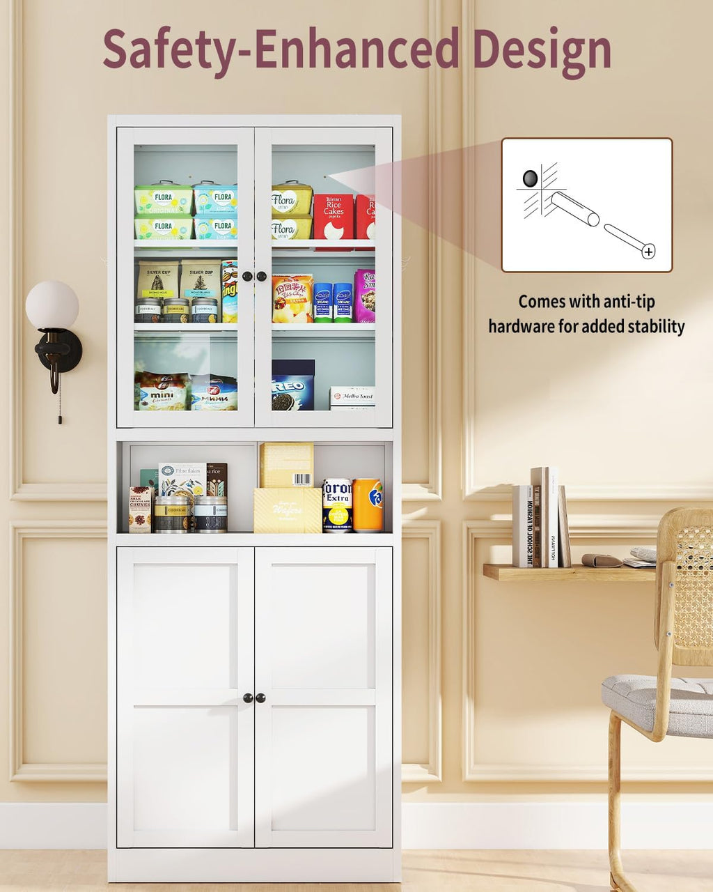Kitchen Pantry Cabinet with Glass Doors, 72" Metal Storage Cabinet with 4 Adjustable Shelves, Kitchen Pantry with Hooks for Home, Living Room, Assemble Required (White)