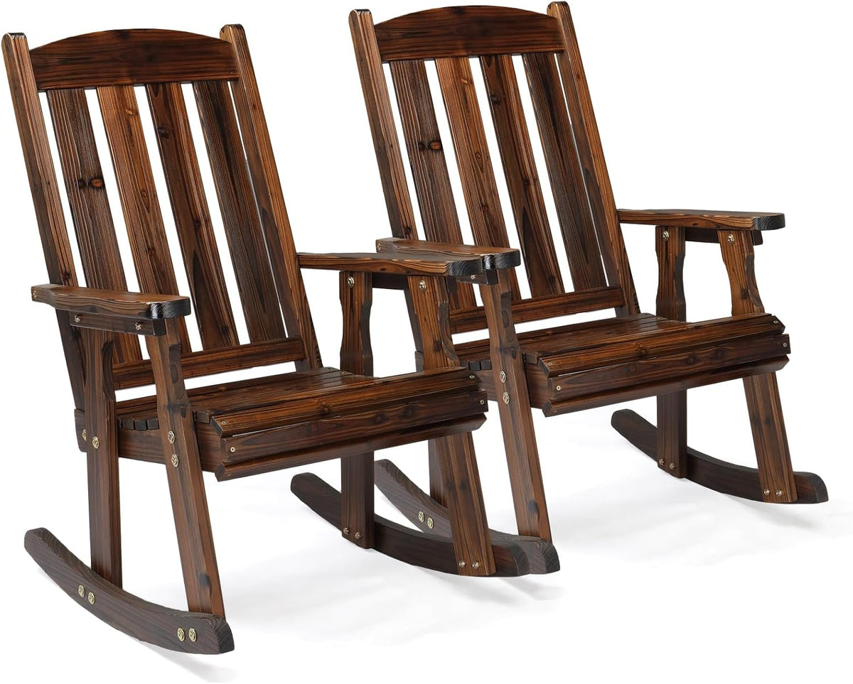 VINGLI Outdoor Rocking Chair, Heavy Duty 600 LBS Wooden Rocking Bench with Comfortable Backrest, Weatherproof Patio Rocker with Ergonomic Design, Wood Rocking Chair for Patio, Garden (Rustic, 2 PCS)