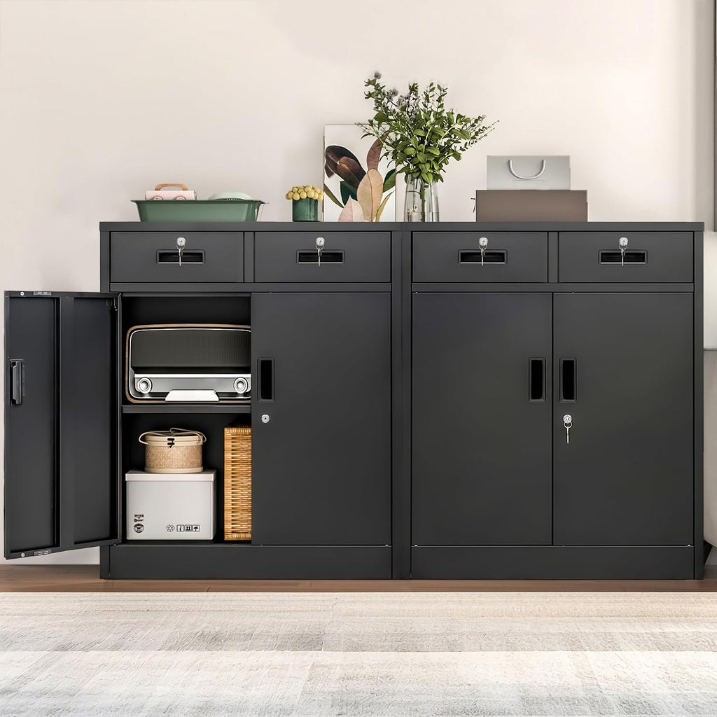 Wanfu Metal Storage Cabinet, 36" H Locking Storage Cabinet with 2 Drawers and Adjustable Shelf, Metal Cabinets for Office, Garage, Home-Black