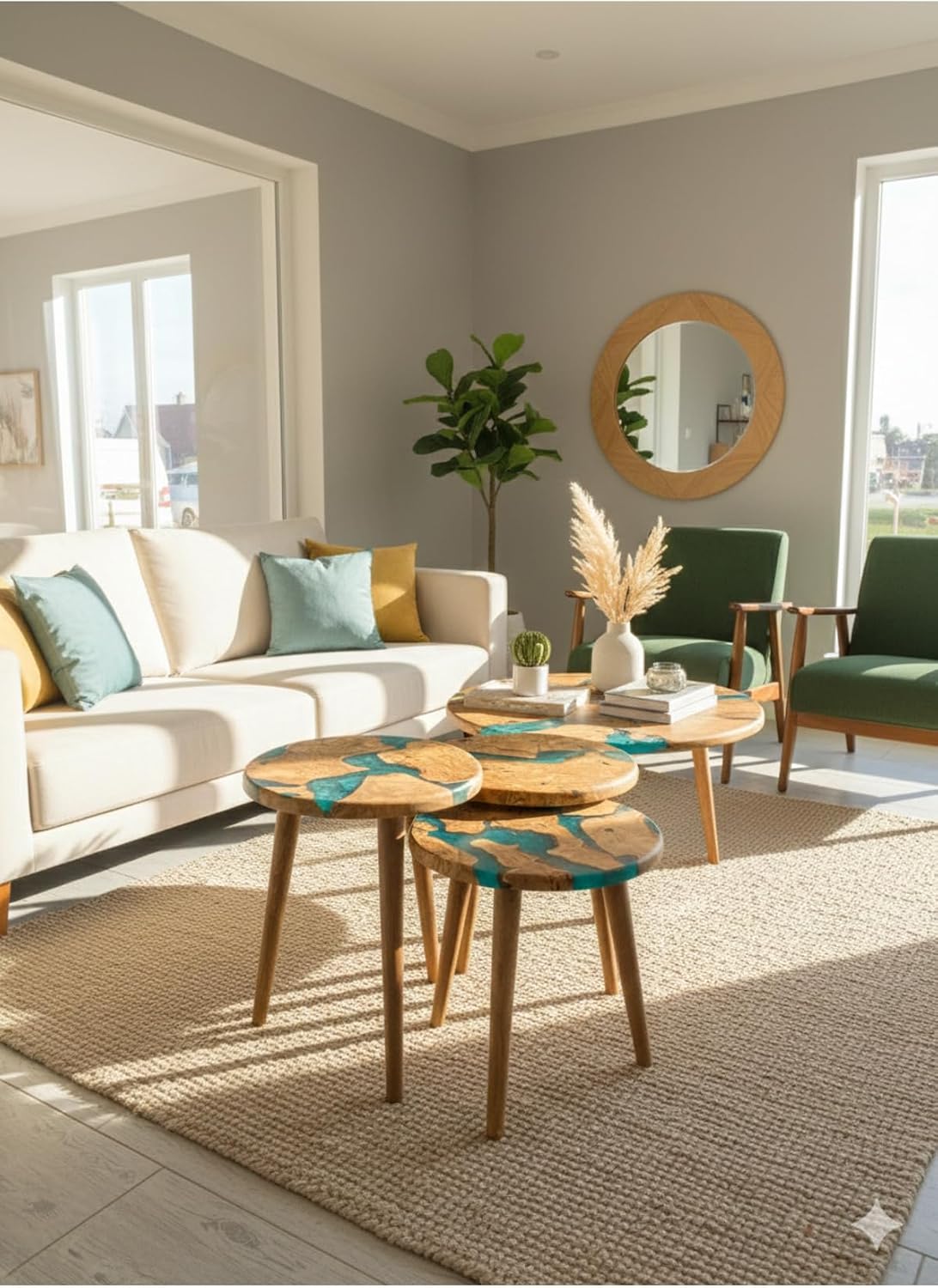 3-Piece Round Nesting Side Table Set 15.7 in Diameter | Olive Wood & Green Epoxy | Modern Scandinavian Style | Wood Grain | Durable & Easy Easy to Wipe | GÖKÇESAN MOBİLYA - Olive Green