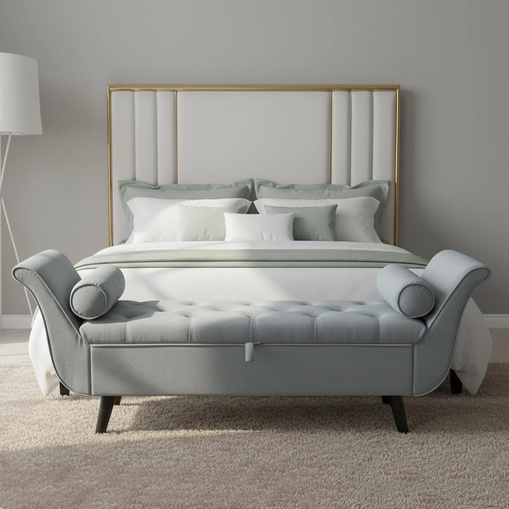 Velvet Bench for Bedroom End of Bed, 60.5 inch Upholstered Button Tufted Ottoman Bench with Rolled Arms, Button-Tufted Ottoman for Living Room, Entryway (Light Grey)