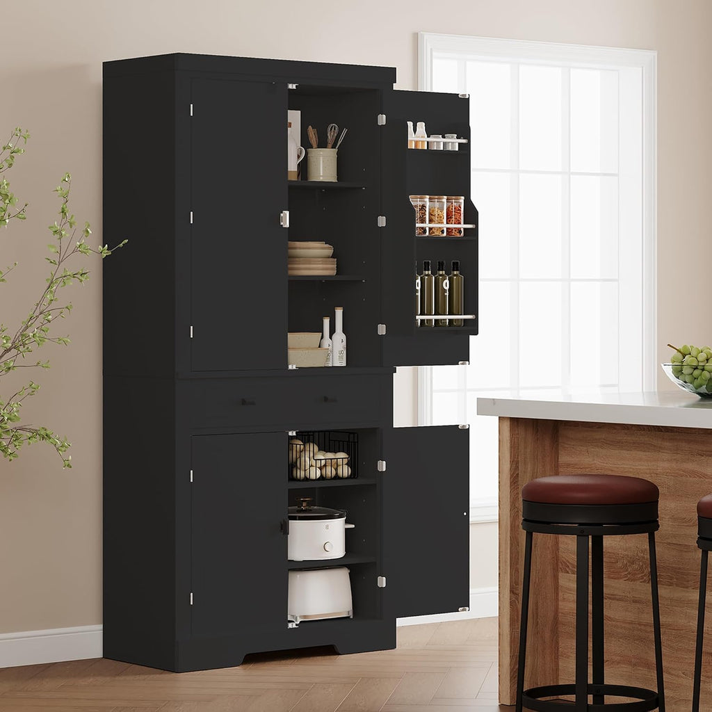Pantry Cabinet, 72" Kitchen Pantry Storage Cabinet, Modern Kitchen Cupboard with Large Drawer, 2 Cabinets, 4 Adjustable Shelves, Freestanding Hutch Food Pantry for Dining Room Living Room, Black