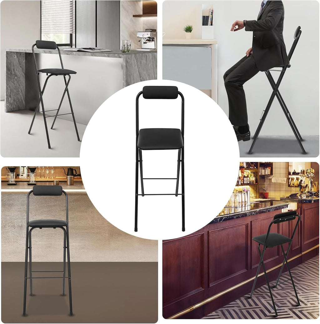 29" Tall Folding Bar Stool with Cushioned Pad and Backrest, Portable Bar Stool, Tall Folding Chairs, 275lbs Load Capacity, for Kitchen, Living Room, Garden, Camping, Black