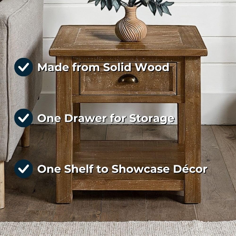 Monterey Farmhouse Rustic End Table, Solid Pine Wood Coastal Side Table with Drawer and Shelf. Driftwood.