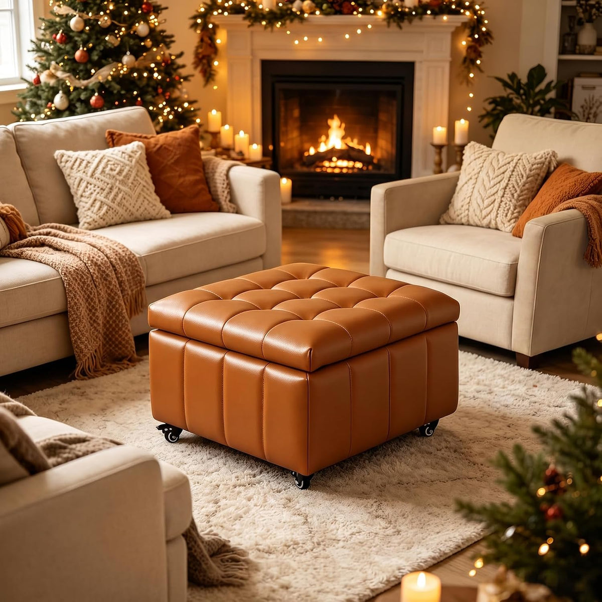 Square Leather Ottoman with Storage and Wheels,360°Rolling ottoman,Faux Leather Flip Top Storage Footstool Coffee Table, Rolling Upholstered Storage Ottoman for Living Room Entryway Bedroom (Brown)