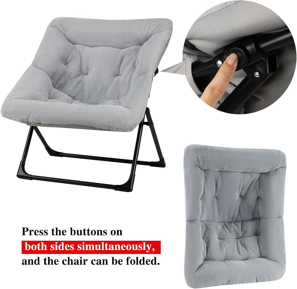 Comfy Saucer Chair for Adults, Set of 2, Soft Faux Fur Bedroom Chair, Accent Dorm Chairs, Flexible Living Room Reading Chairs, Oversized Folding Seat for Teens, X-Large, Grey