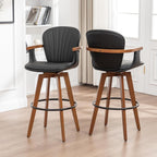 LUNLING 30” Bar Height Stools,Mid Century Modern Bar Stools,Black PU Leather Kitchen Island Stool,Wood High Barstools Swivel with Back and Arms for Home Bar Furniture,1PCS