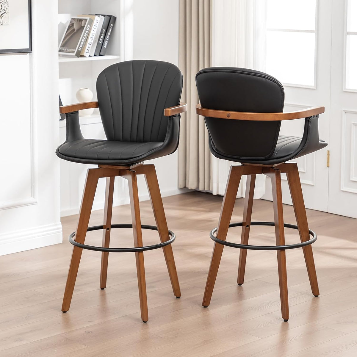 LUNLING 30” Bar Height Stools,Mid Century Modern Bar Stools,Black PU Leather Kitchen Island Stool,Wood High Barstools Swivel with Back and Arms for Home Bar Furniture,1PCS