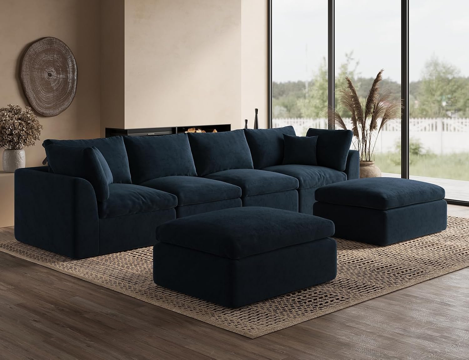 ohllob 140" U Shaped Couch, Cloud Sectional Couches for Living Room, Couch with Ottoman, Oversized 4 Seater Modular Sectional Sofa, Dark Blue