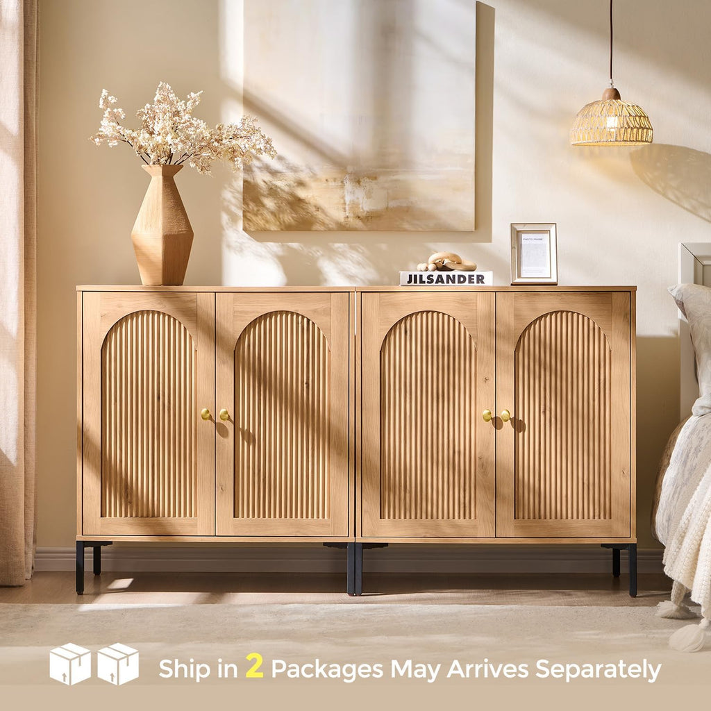 IFBUY Modern Sideboard Buffet Cabinet, 61.75" W Fluted Arched Buffet Cabinet with Storage and Adjustable Shelves, Wooden Modular Coffee Bar Cabinets for Kitchen, Entryway, Natural