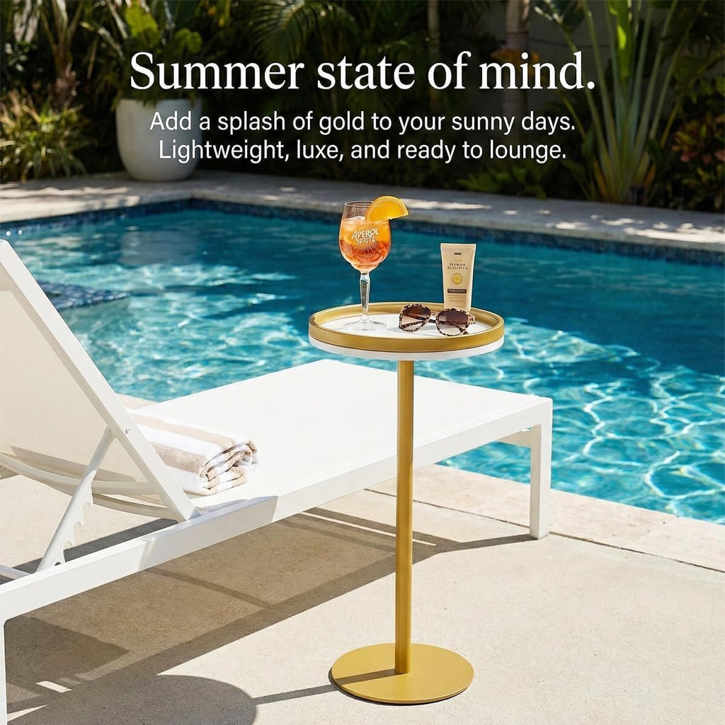 Martini Table, Small Round Drink Table with Weighted Base,Modern White & Gold Pedestal End Table with Tray Top Edge for Small Spaces, Living Room, Next to Sofa,24.7 "Tall