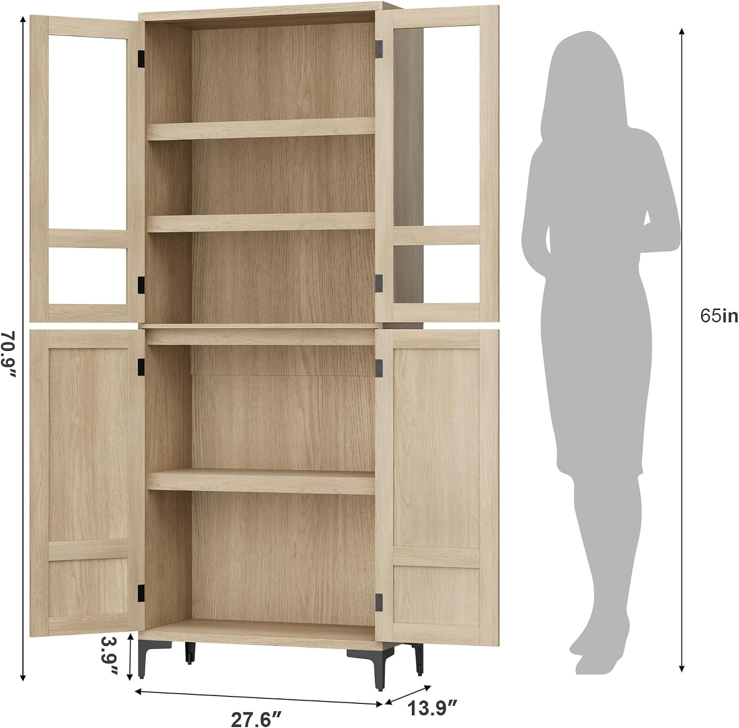 GarveeHome 71 in Tall Storage Cabinet, Kitchen Pantry Cabinet 5 Tier Bathroom Cabinet with 4 Doors Adjustable Shelves for Kitchen, Dining Room, Bathroom (Pear Wood, Glass with 4 Doors)