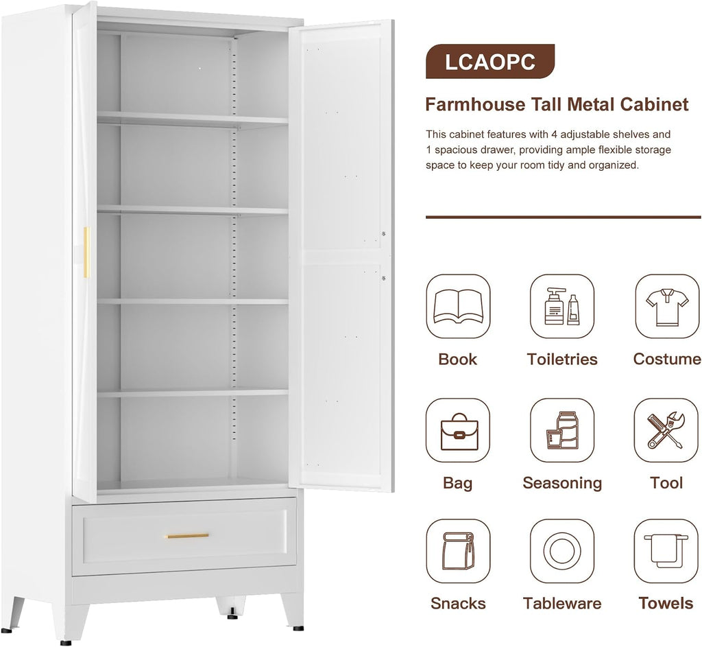LCAOPC 71" Tall Metal Pantry Storage Cabinet with Drawer and Adjustable Shelves, Freestanding Kitchen Cupboard Storage Cabinet for Kitchen,Dining Room, Living Room, White