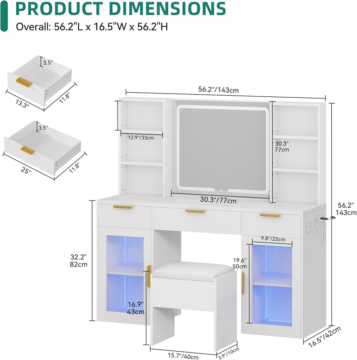 DWVO 56" LED Vanity Desk with Tri‑Fold Mirror & Lights | Makeup Vanity Desk with Drawers
