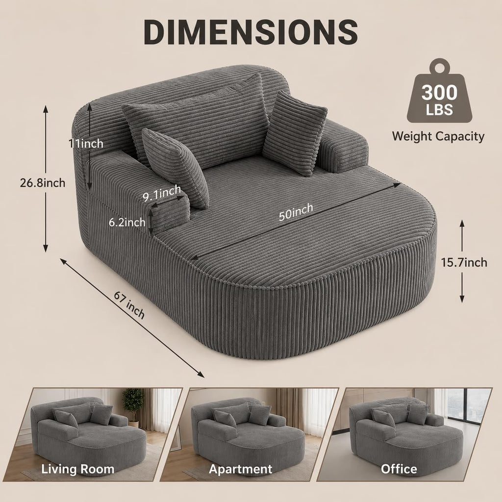 Oversized Chaise Lounge Chair Indoor, Couch Cloud Chair with 3 Comfy Pillows, Corduroy High-Density Foam Reading Chair, Wide Arms Bed Sleeper Sofa for Living Room Bedroom Relaxing