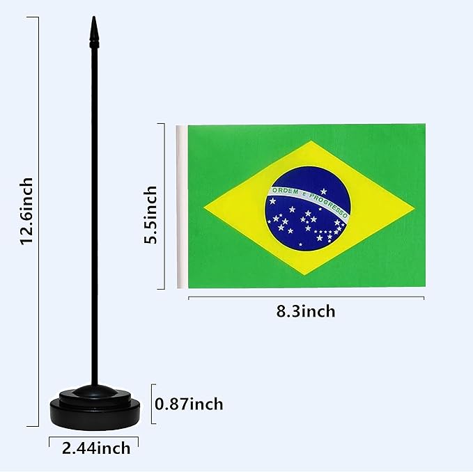 Brazil Brazilian Deluxe Desk Flag Set, Small Mini Miniature Brazil Brazilian Table Desktop Flags With Solid Pole, Black Base and Spear Top(2 Pack)