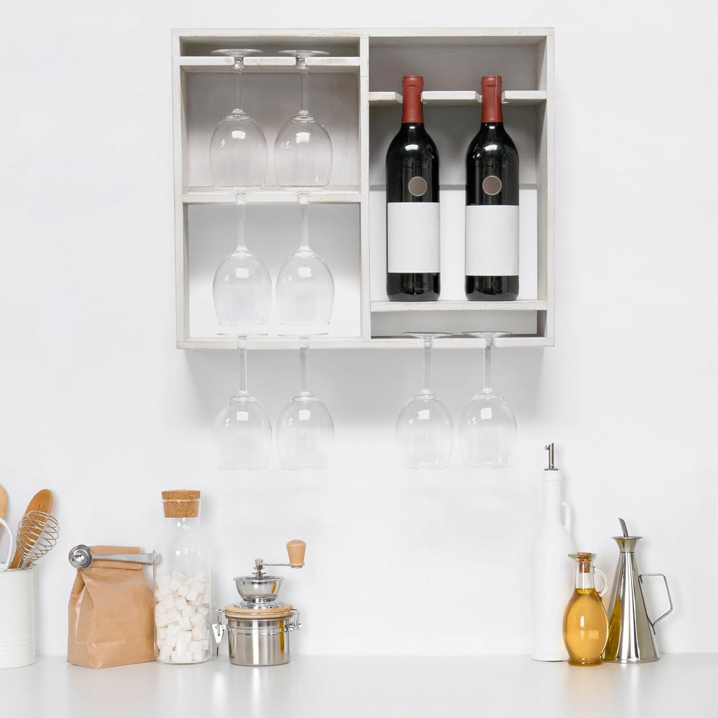Elegant Designs HG1029-WWH 16.4" Wine & Dine Wooden Wall Mounted Wine Rack Shelf, Stemware Holder, for Dining Room, Bar, Kitchen, White Wash