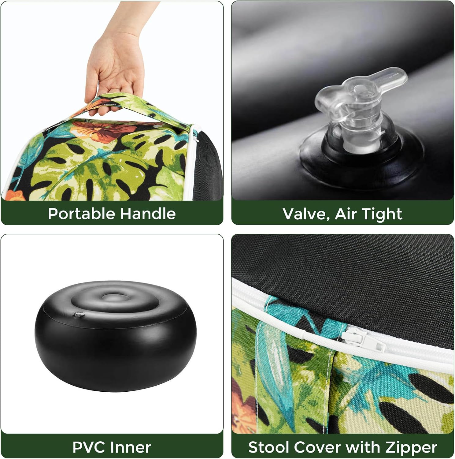 Outdoor/Indoor Inflatable Ottoman Pouf D20 xH9, All Weather Round Footstool with Handle, Water Repellent Portable Footrest for Patio Garden Camping Travel-Tropical Green Leaves
