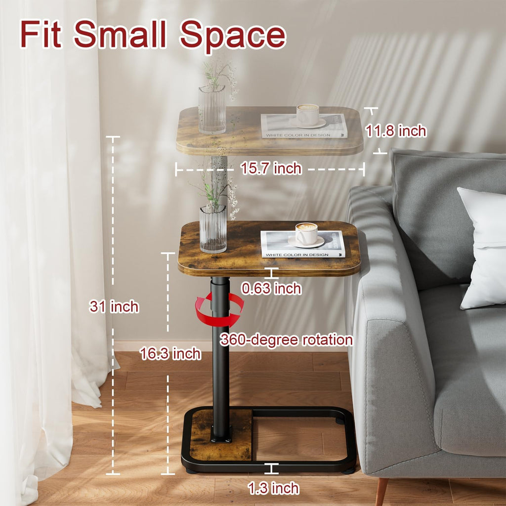 GOYLSER C-Shaped Tables Small Swivel End Table, Height Adjustable Side Tables Living Room, Rotating Snack Couch Wooden Tv Trays for Eating On Couch, Rustic Brown
