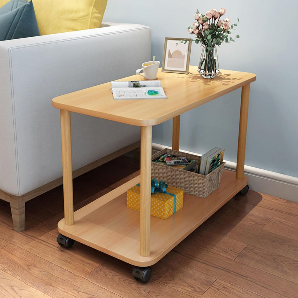 Rolling End Table with Wheels, 2-Tier 150lb Shelf, MDF Top Solid Wood Frame, Industrial Sofa/Coffee Table Wooden Color