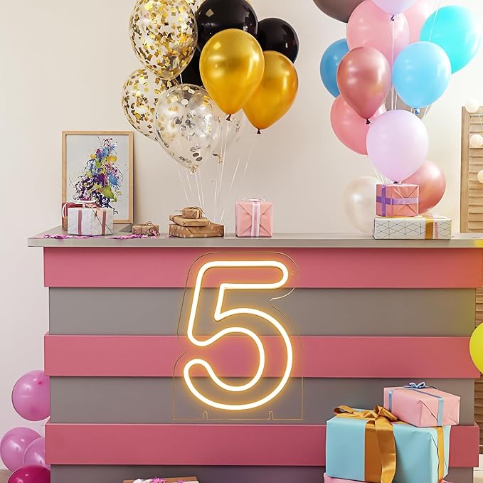 Number 5 LED Neon Sign Backdrop Birthday Party Decoration, 11.3" Height Warm White Marquee Number Five Light Up Sign for Wedding Anniversary Window Wall Table, Indoor Battery Operated or USB
