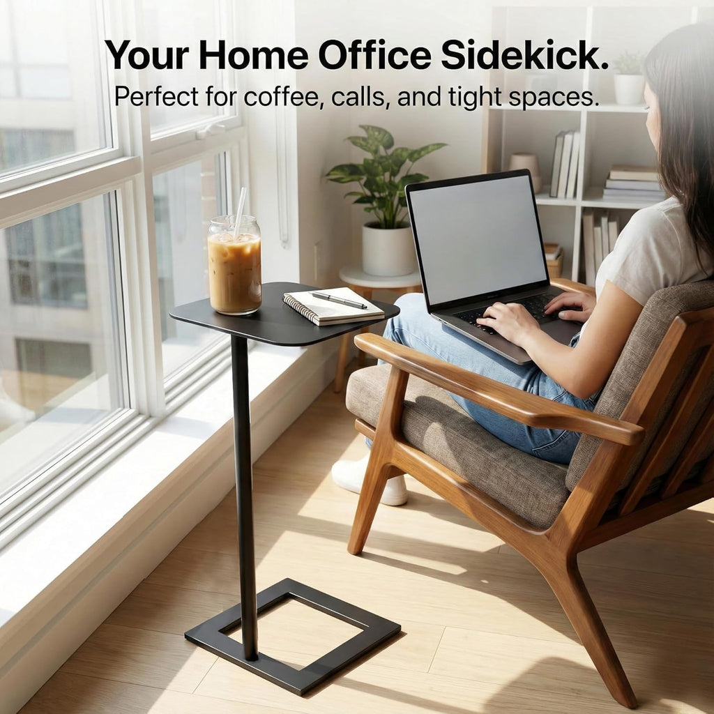 Stable C Table End Table, 23.4" Tall C Shaped Side Table that Slides Under Sofa, Slim Under Couch Table, Modern Industrial Coffee Tray Table for Living Room Bedroom (Medium, Black)