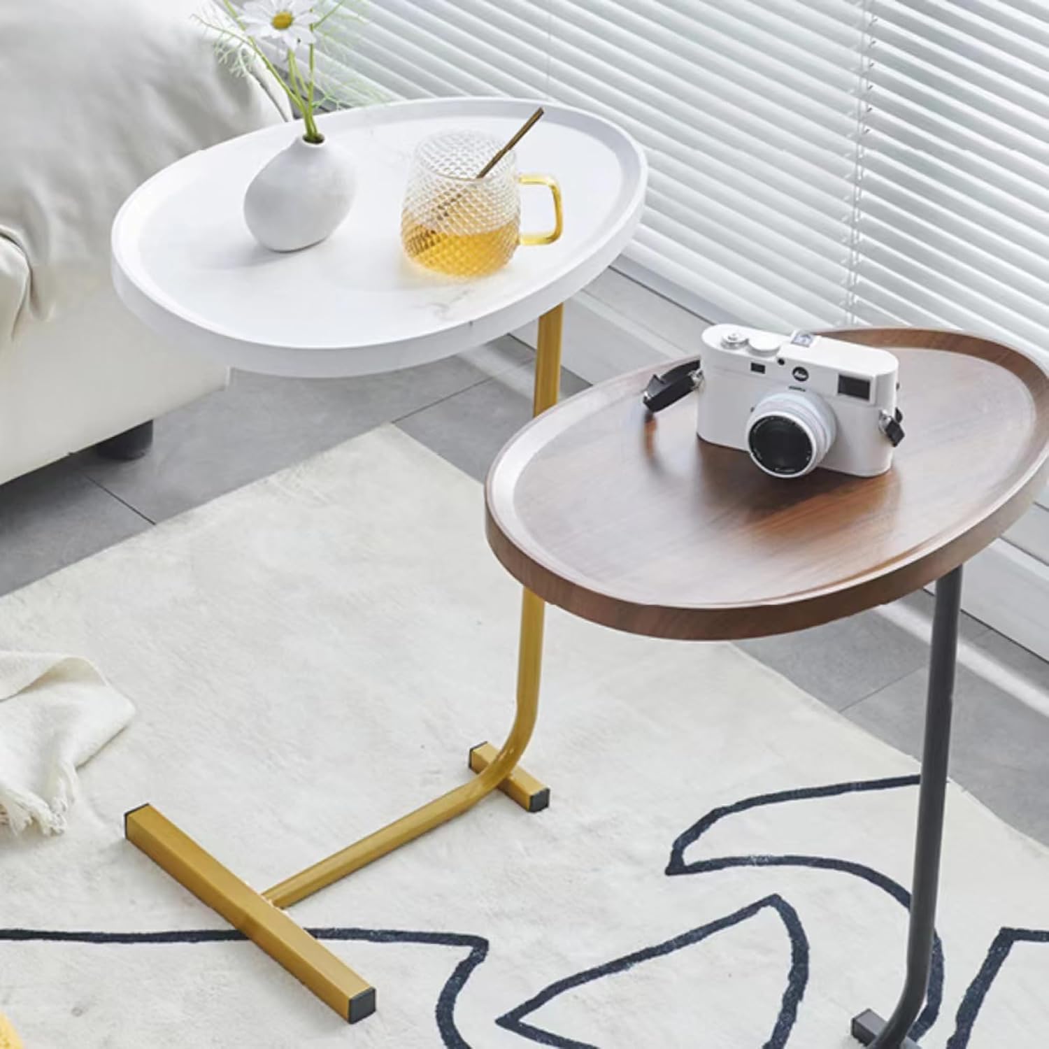C-Shaped End Table, Small Side Table for Couch, Sofa Table with Metal Frame TV Tray Table for Living Room, Bedroom, Bedside, White, 2-Pieces