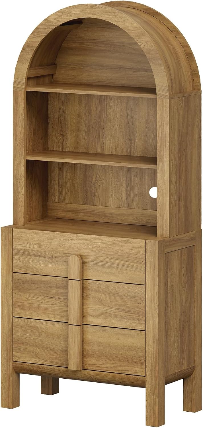 WAMPAT 71" Tall Arched Kitchen Pantry Cabinet with 3 Drawers,5 Tiers Modern Farmhouse Bookcase with Doors, Open Shelf Storage Organizer, Wood Display Bookcase for Kitchen, Dining Room, Walnut, 1 PC
