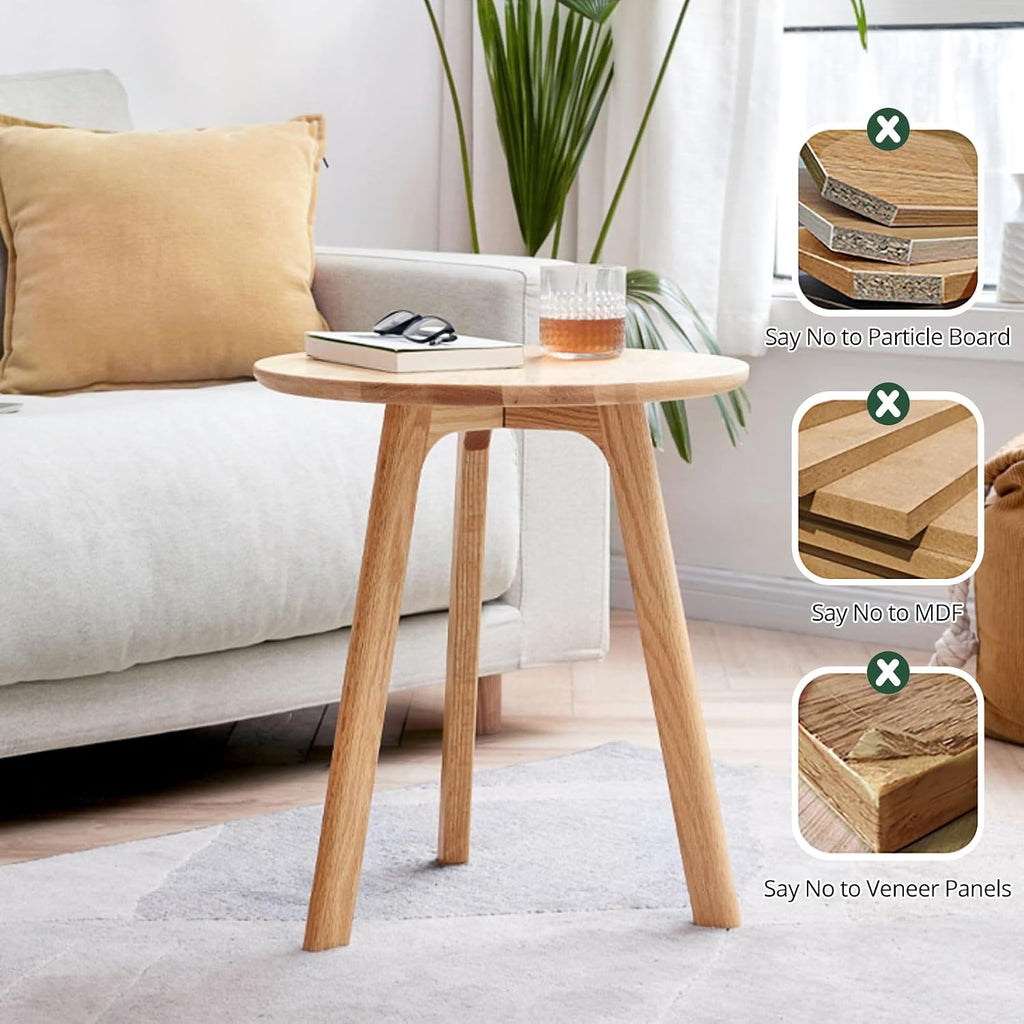 Solid Beech Oak Wood Side Table - Compact End Table with Detachable Cloth Pocket - Modern Small Nightstand with Storage Holder for Living Room, Bedroom (Oak, Natural)