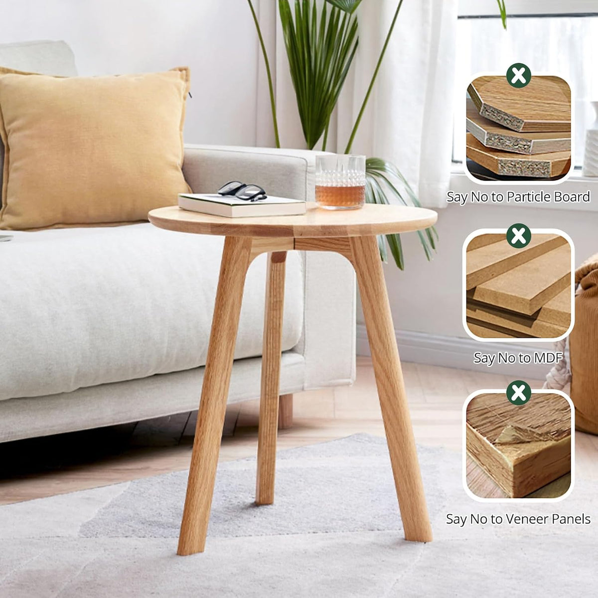 Solid Beech Oak Wood Side Table - Compact End Table with Detachable Cloth Pocket - Modern Small Nightstand with Storage Holder for Living Room, Bedroom (Oak, Natural)