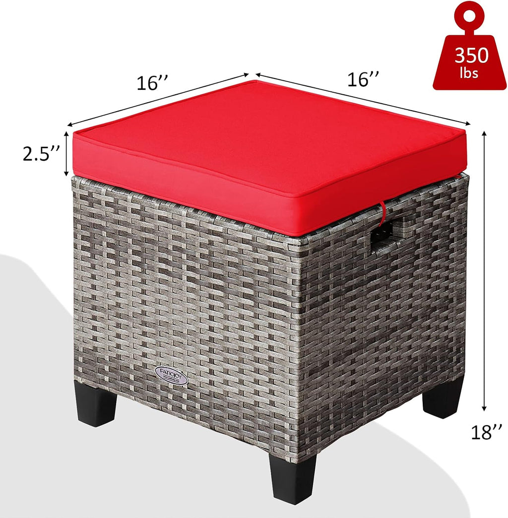 RELAX4LIFE 2-Piece Patio Rattan Ottomans - Outdoor Wicker Furniture w/ 2 Footrest Stools, Comfortable Cushions & Steel Metal Frame, All-Weather Patio Set for Backyard,Garden (Red)