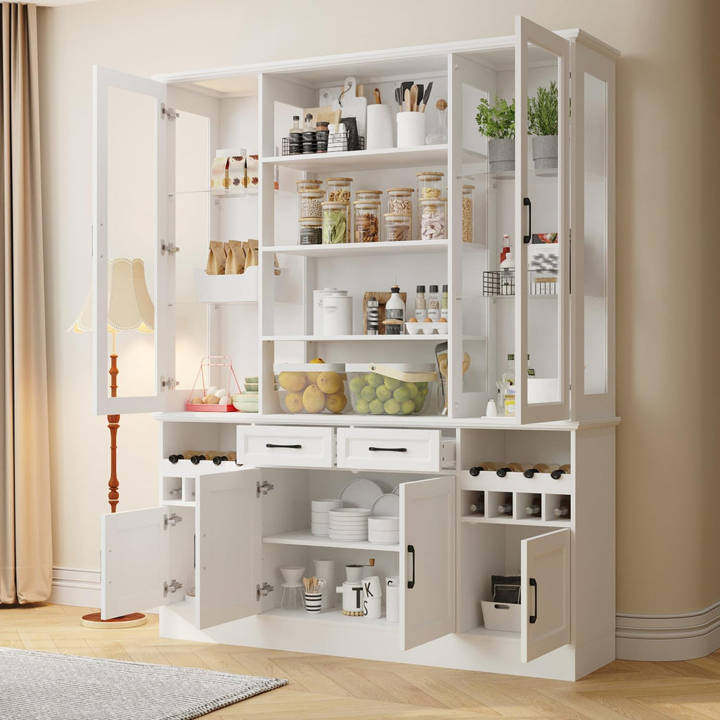 Timechee 78.7" Kitchen Pantry Storage Cabinet, Cupboard with Drawers and Wine Rack,Tall Food Pantry Cabinets with Tempered Glass Doors & Adjustable Shelves,Hutch Cabinet with Storage for Kithen,White