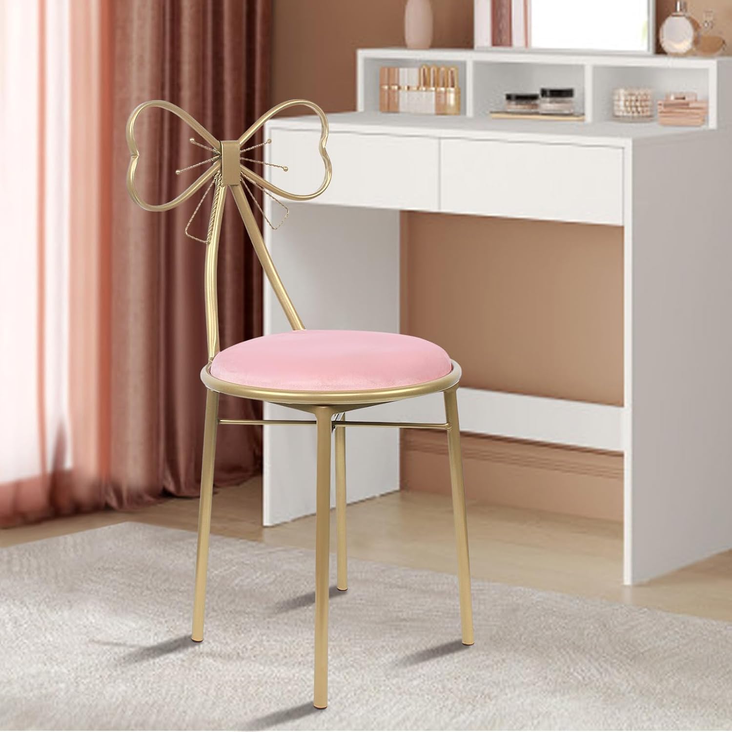 Velvet Vanity Chairs, Metal Cute Butterfly Stool Chair Dresser Makeup Chairs Stool with Pink Velvet Cushion and Bow Knot Backrest for Girl Bedroom, Living Room (Light Pink)
