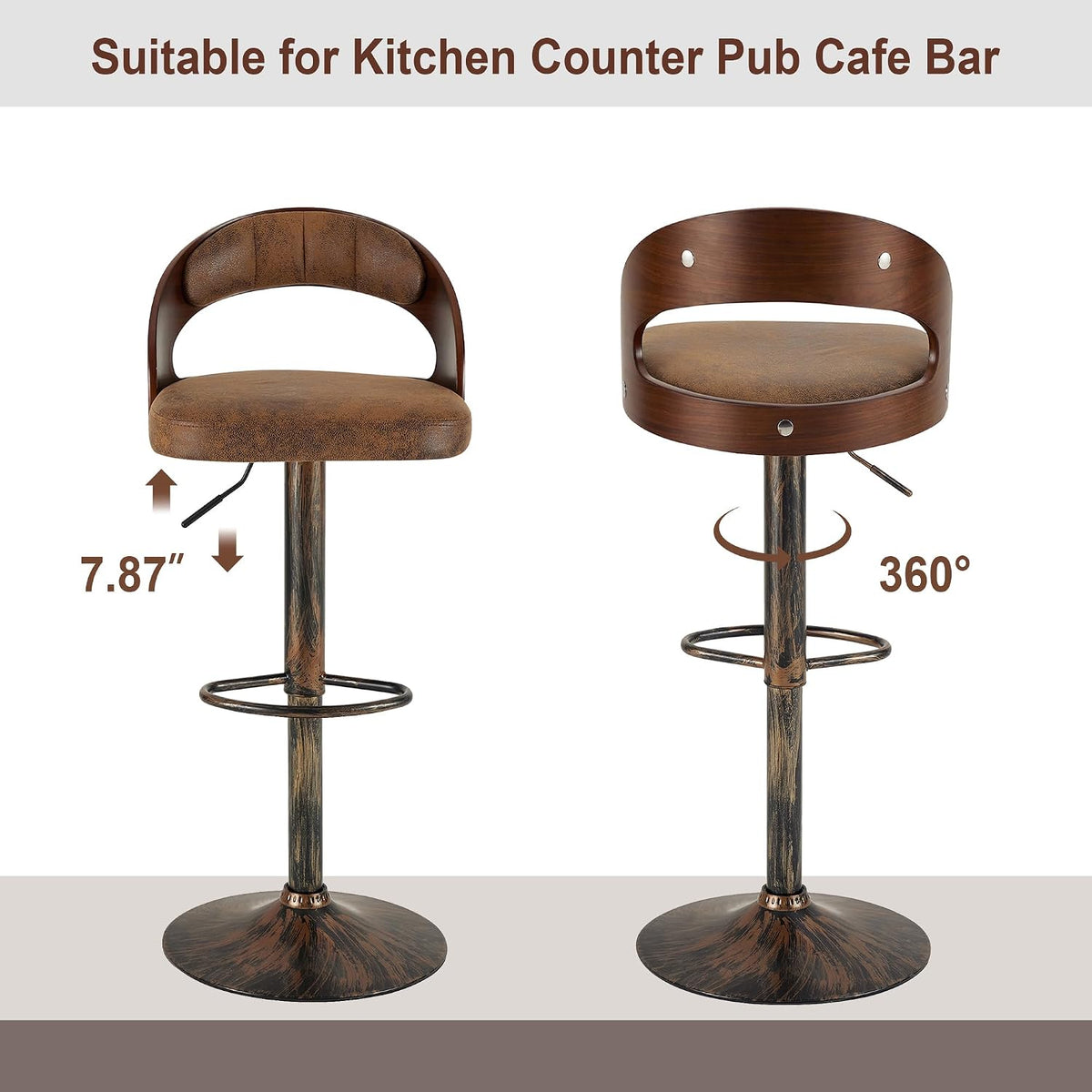 VECELO Bar Stool Set of 2,Kitchen Island Stools with Bentwood Back,Arm&Footrest,360°Swivel Counter Height Stools,PU Leather Cushion Seat Adjustable Height for Club Pub&Kitchen,Dark Brown