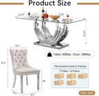 7 Piece Dining Table Set with 6 Beige Dining Chairs, Modern Glass Kitchen Table and Chairs Set for 6, 70" Rectangle Silver Glass Pedestal Dining Room Tables with Ring-Shape Stainless Steel Base