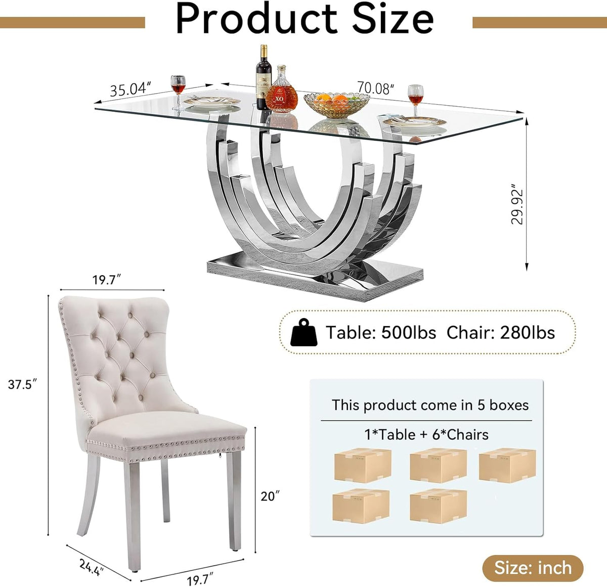 7 Piece Dining Table Set with 6 Beige Dining Chairs, Modern Glass Kitchen Table and Chairs Set for 6, 70" Rectangle Silver Glass Pedestal Dining Room Tables with Ring-Shape Stainless Steel Base