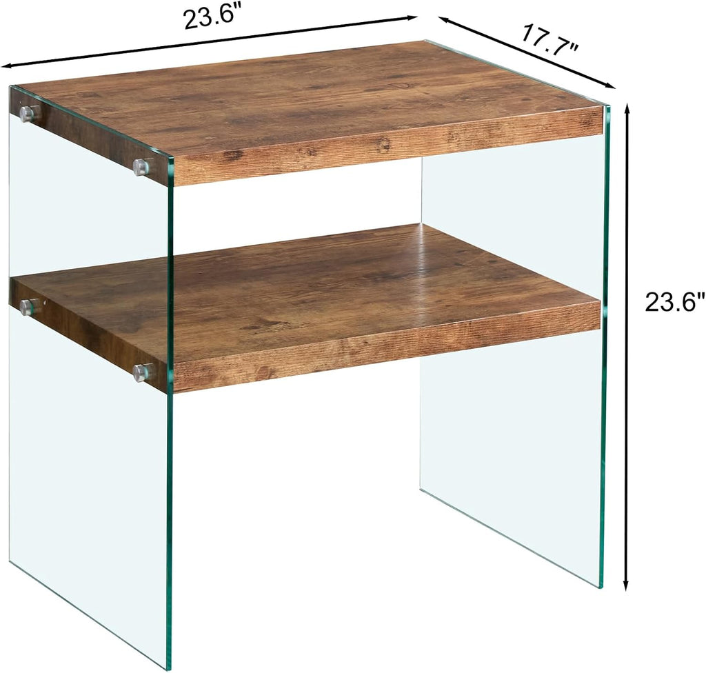 Glass Side Table Modern Design: Two-Tier Walnut MDF Frame & Tempered Glass Surface - Waterproof Durable End Table for Small Apartments & Boutique Accommodations Living Room Bedside Use