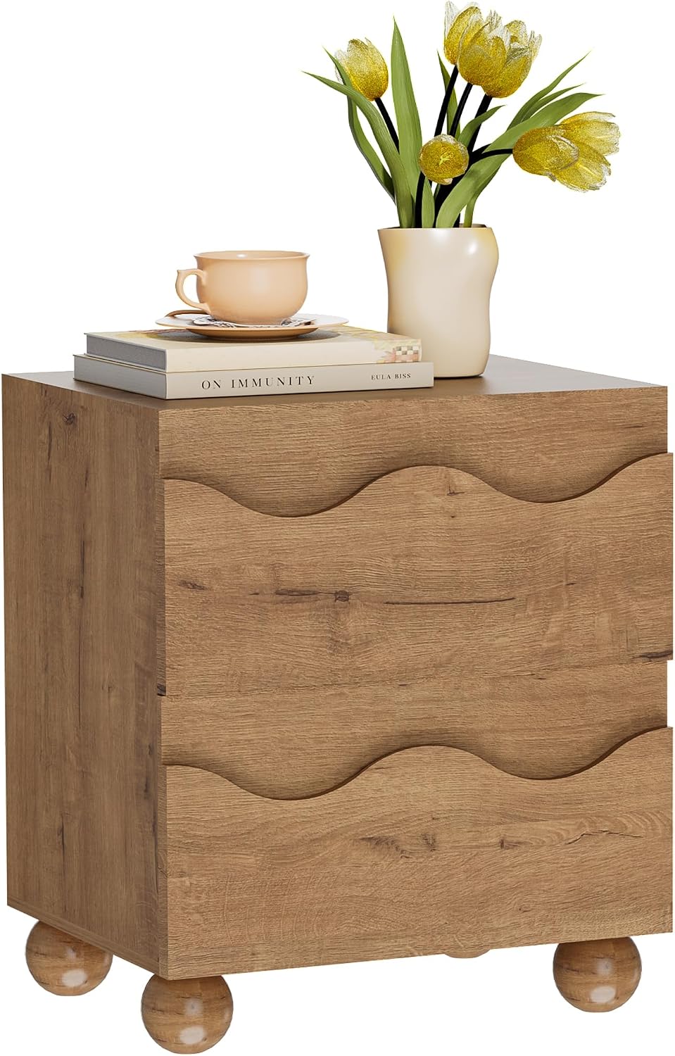 Anbuy Scalloped Nightstand for Bedroom with 2 Drawers, Modern Night Stand with Hidden Handle, Wooden End Table, Fluted Wood Bedside Table for Living Room, Natural Oak