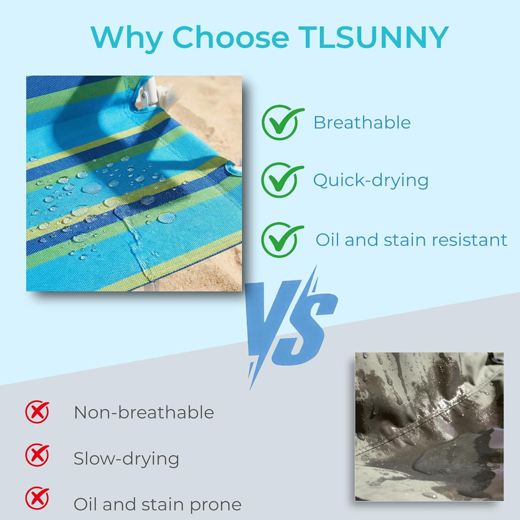 TLSUNNY 25" W Low Beach Chair for Adults W/5-Position Lay Flat & Cooler Pouch, Folding Backpack Beach Chair W/Headrest, Storage Bag, Towel Bar, Foot Mat, for Camping,350LBS(2, Blue/Green, 8.9″)