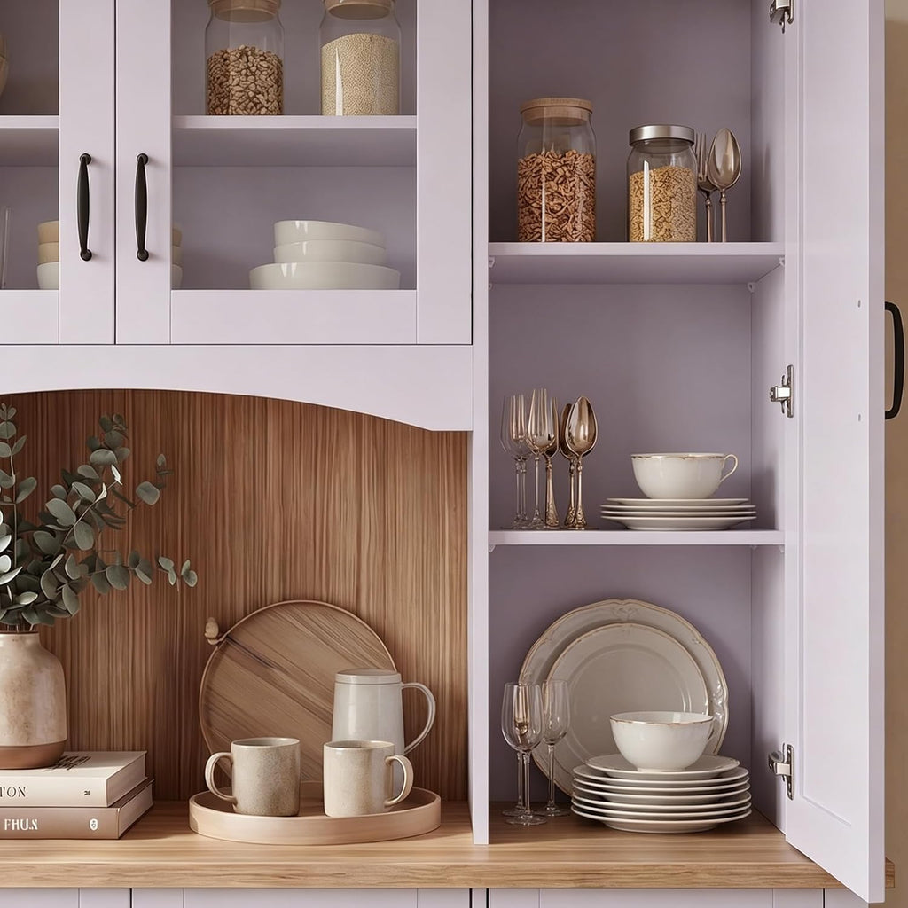 Large Wide Kitchen Pantry Storage Cabinet with Hutch, 79" Tall Farmhouse Pantry Storage Cupboard with Doors and 2 Drawers, Modern Coffee Bar Buffet Sideboard for Dining Room, Light Purple