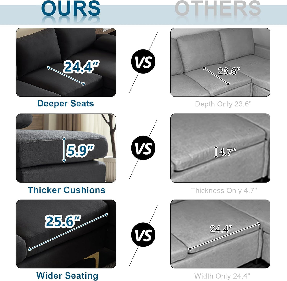VINGLI 110" Modern Sectional Couch with 51" D Double Chaise, Black Deep Seat U Shaped Couch with Removable Pillows & Metal Legs, Comfy 4-Seat Sofas for Living Room, Linen Fabric