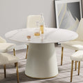 Montary 53” Modern Round Dining Table for 4-6 People, Minimalist Artificial Marble Kitchens Table with Beige Plywood PU Base, Snow Mountain White Sintered Stone Top Dining Room Table