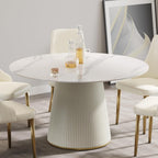 Montary 53” Modern Round Dining Table for 4-6 People, Minimalist Artificial Marble Kitchens Table with Beige Plywood PU Base, Snow Mountain White Sintered Stone Top Dining Room Table