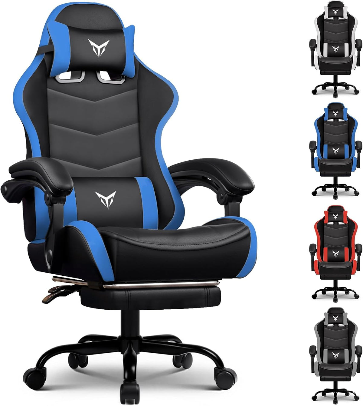 GTPLAYER Gaming Chair with Footrest, Video Game Chairs Racing Style PC Game Chairs 350lbs for Adults - Padded High Back Ergonomic Reclining Silla Gamer, Linkage Armrest, Blue