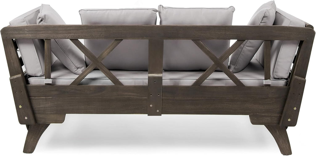 Christopher Knight Home Gary Patio Convertible Couch, Wooden Outdoor Daybed, 3-Seater Acacia Wood Patio Furniture Lounge Sofa for Backyard/Poolside/Garden, Back Pillow+Removable Cushion, Grey
