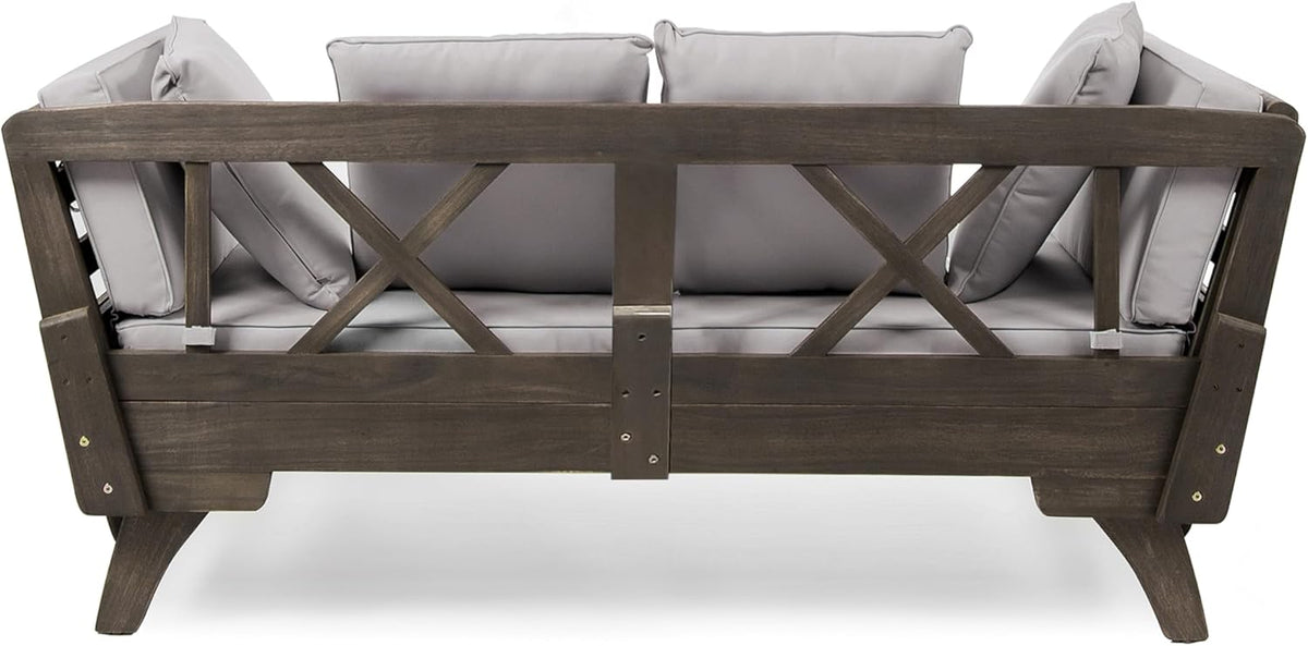 Christopher Knight Home Gary Patio Convertible Couch, Wooden Outdoor Daybed, 3-Seater Acacia Wood Patio Furniture Lounge Sofa for Backyard/Poolside/Garden, Back Pillow+Removable Cushion, Grey