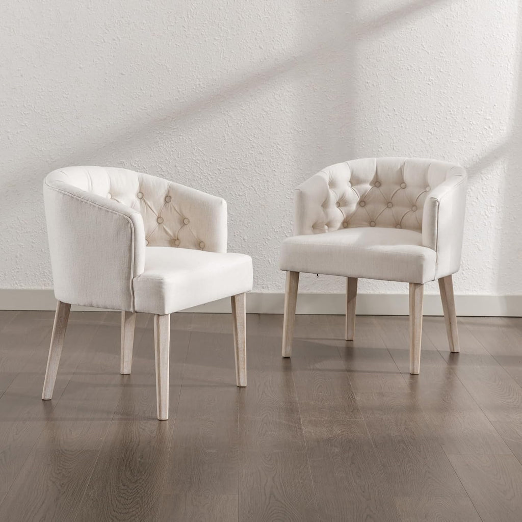 HEAH-YO Modern Dining Chairs Set of 4, Tufted Dining Room Chairs with Barrel Backrests, Upholstered Linen Kitchen Chair for Dining Room, White