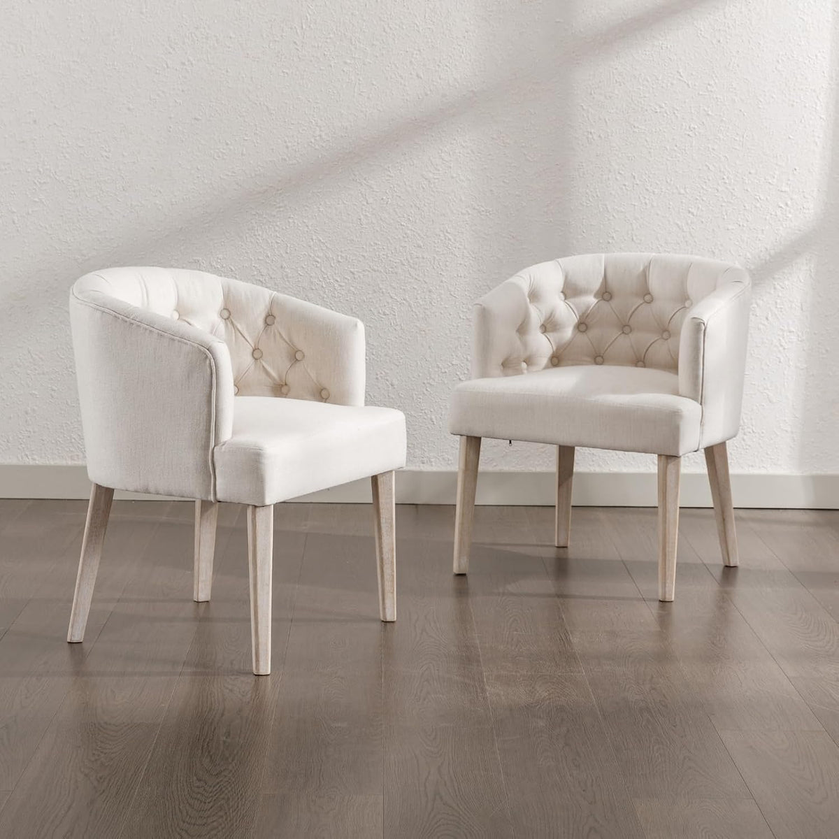 HEAH-YO Modern Dining Chairs Set of 4, Tufted Dining Room Chairs with Barrel Backrests, Upholstered Linen Kitchen Chair for Dining Room, White
